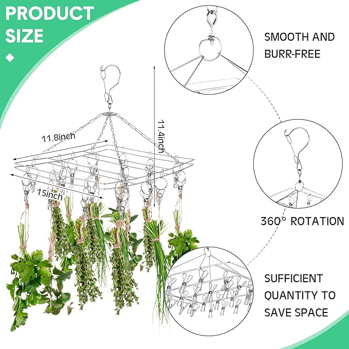 Bokon 4 Pcs Hanging Drying Rack for Herb Macrame Flower with Stainless Clip Dryer Hook for Drying Herb Air Plants Spices Flower Hydroponic Plant Ready to Use with Ceiling Hook(Rectangle) - Bloomnest