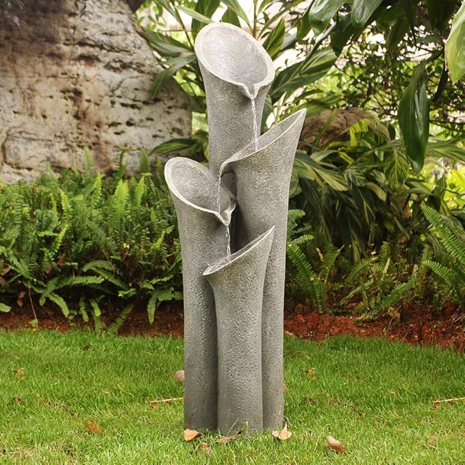 Faux Stone Patio Water Fountain 33 1/2", Bell 4-Tier Cascading Floor Fountain Indoor Outdoor Waterfall Feature with LED Lights for Home Garden Decor