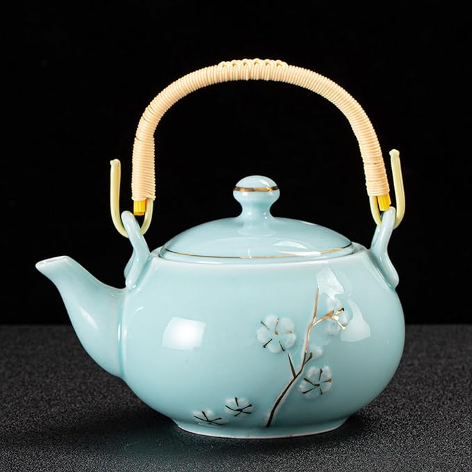 KEYDUACU Japanese Tea Set, Kiln-Formed Ceramic TeaSet, Plum Blossom Embossed, Includes 1 Teapot, 6 Teacups,Tea Tray,Strainer, Used for home, outdoor, gift, Chinese Kung Fu Tea Sets(FDMH-CYAN-MU) - Bloomnest