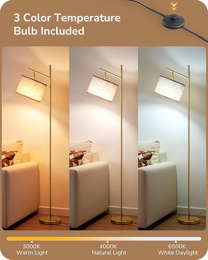 EDISHINE 64.7" Modern Minimalist Floor Lamps for Living Room with 3 Color Temperatures Bulb & Adjustable Linen Shade, Foot Pedal Switch, Tall Standing Lamp for Bedroom Office, Gold - Bloomnest