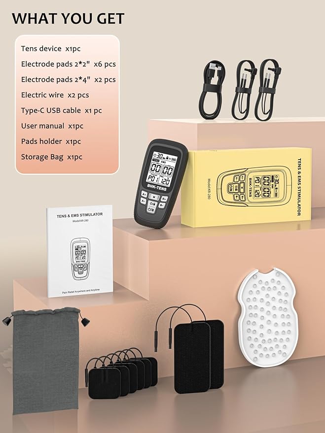 24 Modes TENS Unit Muscle Stimulator with 8 Electrode Pads, Professional 3-in-1 Electronic Pulse Massager with 2-150Hz Rate, 40 Levels, 90mins Timer, EMS TENS Machine for Pain Relief Therapy BHKTENS