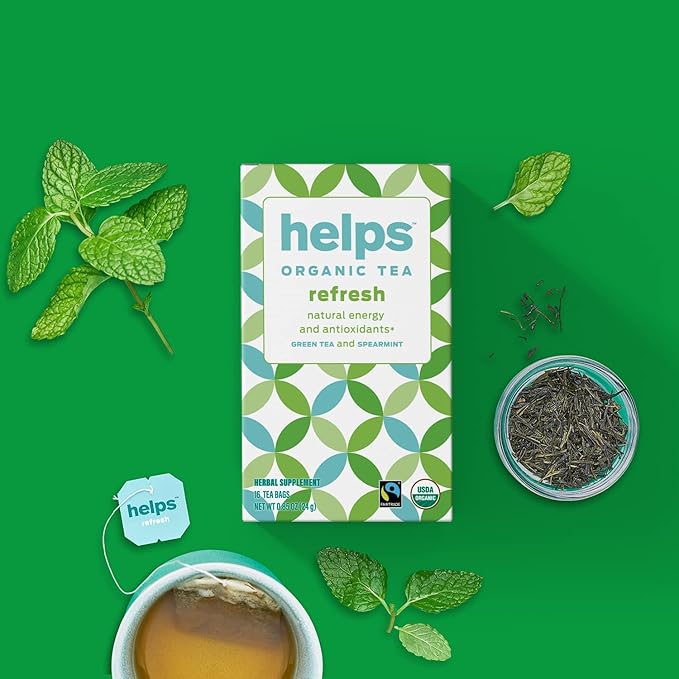 HELPS TEAS | Helps Refresh | Organic Green Tea with Spearmint. Natural Energy, Antioxidant, Slimming And Thermogenic Herbal Tea| 16 Tea Bags - Pack of 3 | - Bloomnest