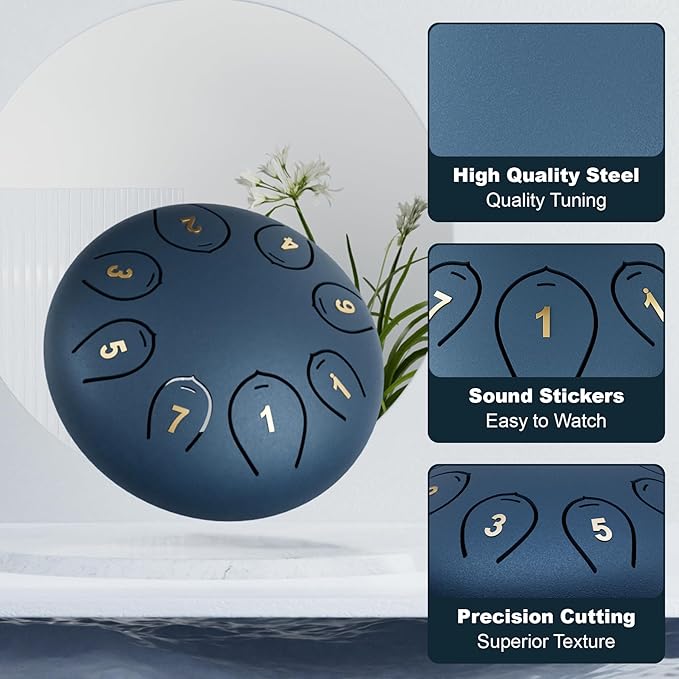 Steel Tongue Drum 6 Inch 8 Notes, Rain Drums for Outside C major, Hang Instrument, Handpan for Kids, Ethereal Hand Pan for Meditation Yoga Musical Education, Navy Blue - Bloomnest
