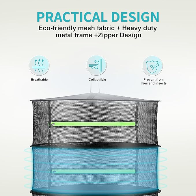 Layer 2ft Herb Drying Rack Hanging Mesh Net with Green Zippers,Bonus Hook Drying Rack Herbs for Plant Bud Seed,Herb Dry Net for Garden(6 Layer, Zipper Type) - Bloomnest