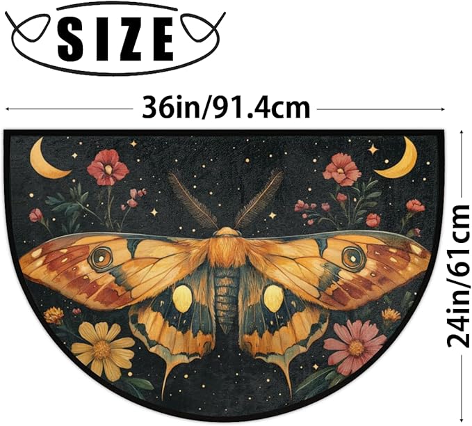 Half Round Door Mat, Moth Moon Flower Half Circle Rug for Home Decor Floor Indoor Outdoor Non-Slip Washable Half Moon Rug Doormat 36X24 Inch - Bloomnest