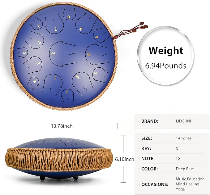 Steel Tongue Drum - 14 Inch 15 Note Tongue Drum - Hand Pan Drum with Music Book, Handpan Musical Instrument Mallets and Carry Bag, C Major, Deep Blue - Bloomnest