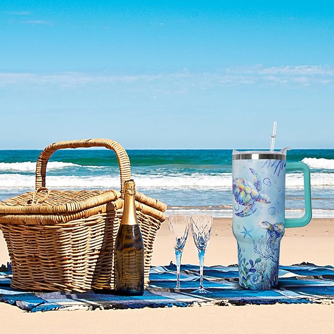 Ceovfoi 40 Oz Sea Turtle Tumbler with Handle Lid and Straw,Double Wall Vacuum Stainless Steel Watercolor Ocean Turtle Cup,Water Bottle,Travel Coffee Mug,Hawaiian Sea Turtle Decor,Accessories - Bloomnest