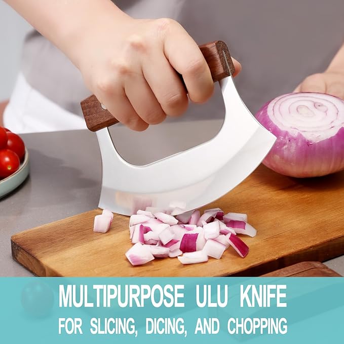 Ulu Knife - Sharp Rocker Mezzaluna Knife with Stand for Cutter Pizza, Meat, Vegetables, Herb, Salad, Stainless Steel Blade, Walnut Wood Handle, Kitchen Essentials Accessories and Gadgets Tools - Bloomnest