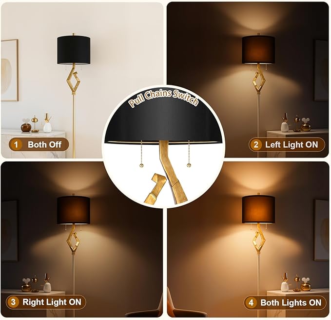 Sculptural Floor Lamp for Living Room Bedroom, 64.5” Pull Chains Standing Lamp, Gold Leaf Finish & Black Faux Silk Lamp Shade, Lighting Brightness Adjustable Lamp with Bulb Prefer for Home Decor - Bloomnest