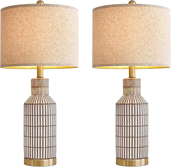 25" Table Lamps Set of 2, Modern Ceramic Bedside Lamps - Farmhouse Brown Nightstand Lamps for Bedroom, Boho Living Room End Table & Office Desk Decor - Bloomnest