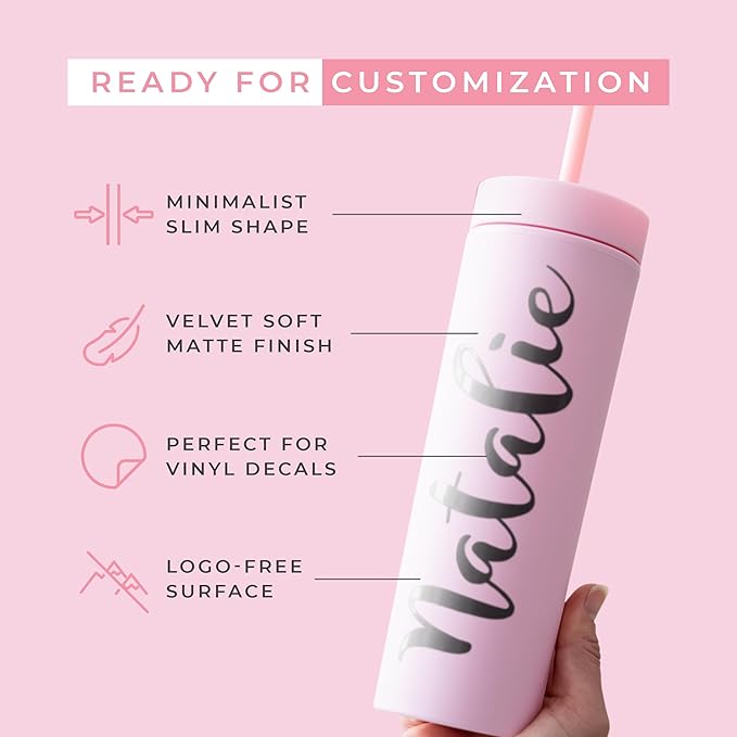 STRATA CUPS Pink Skinny Tumblers with Lids and Straws (12 pack) - 16oz Double Wall Acrylic Tumbler, Tall Matte Skinny Tumblers, Bulk with Free Straw Cleaner, Reusable Cups - Bloomnest