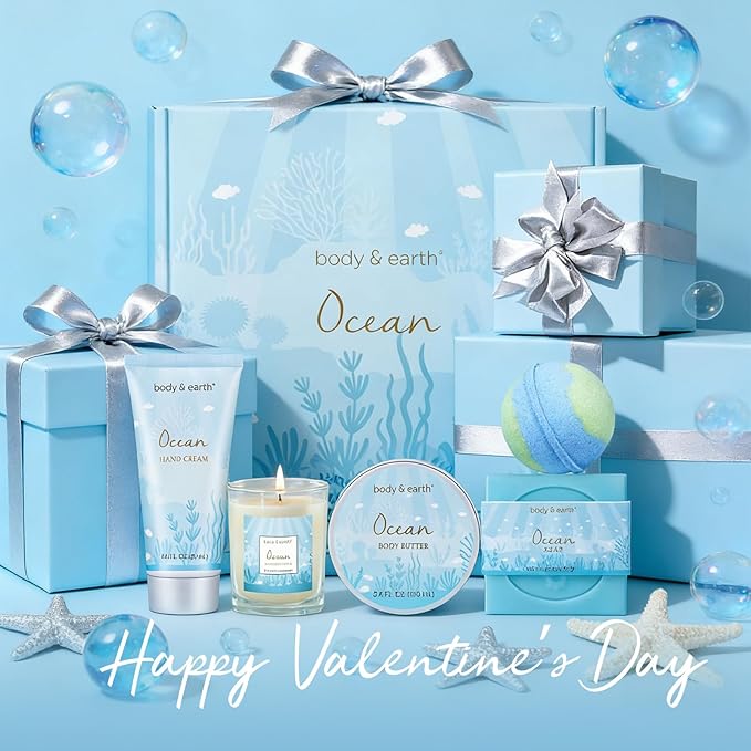 Gifts for Women, Bath and Body Womens Gift Sets with 5 Pcs Ocean Scented Spa Gifts for Women Bath Gift with Scented Candle Body Butter Hand Cream Bath Bomb Valentine‘s Day Gifts - Bloomnest