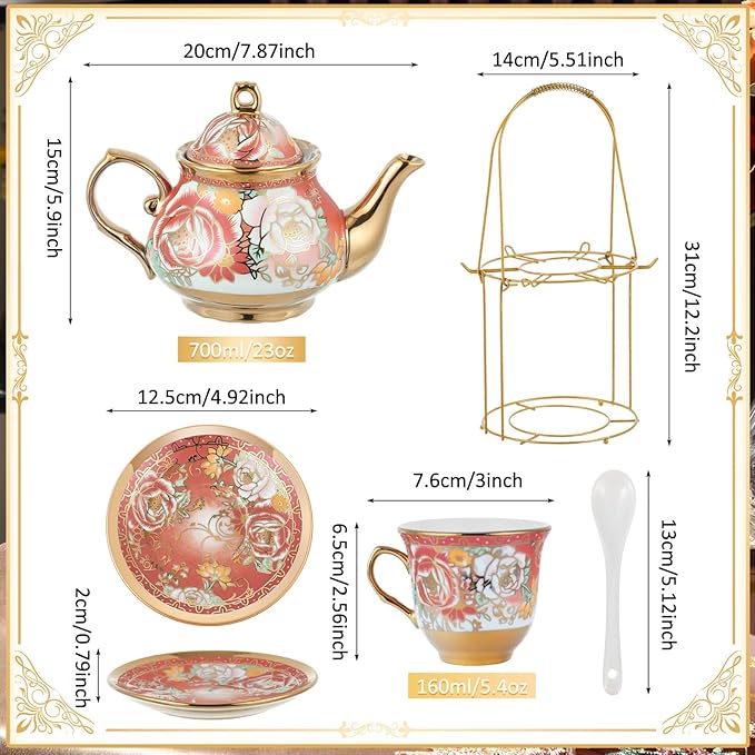 Zhehao 20 Pcs Porcelain Tea Set with Metal Holder and Spoon Adult Ceramic Tea Set European Flower Painting Teapot Cup Saucer Spoon for Women, Large Version(Noble Style) - Bloomnest