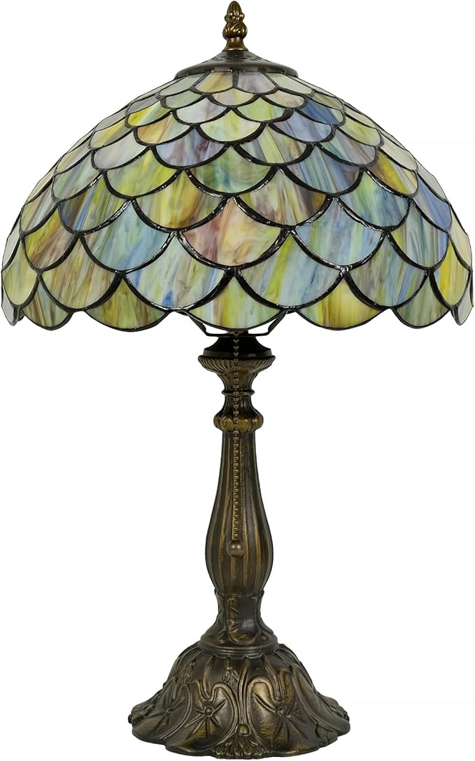 Tiffany Style Table Lamp Vintage Stained Glass Desk Lamp Mable Gradient Green Fish Scales Bedside Reading Light Decor Bedroom Living Room Home Office D12 xH18 (Green Fish Scales) - Bloomnest