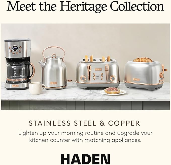 Haden Heritage 1.7 Liter Stainless Steel Electric Kettle, Hot Water Kettle with 360-Degree Base and Auto Shutoff, Steel & Copper - Bloomnest