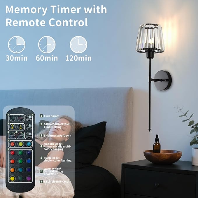Battery Operated Crystal Wall Sconce Set of 2, Matte Black Wireless Wall Light with Remote Control, LED Dimmable 15 Colors USB Rechargeable Light Bulbs Wall Lamp for Bedroom Living Room Hallway - Bloomnest