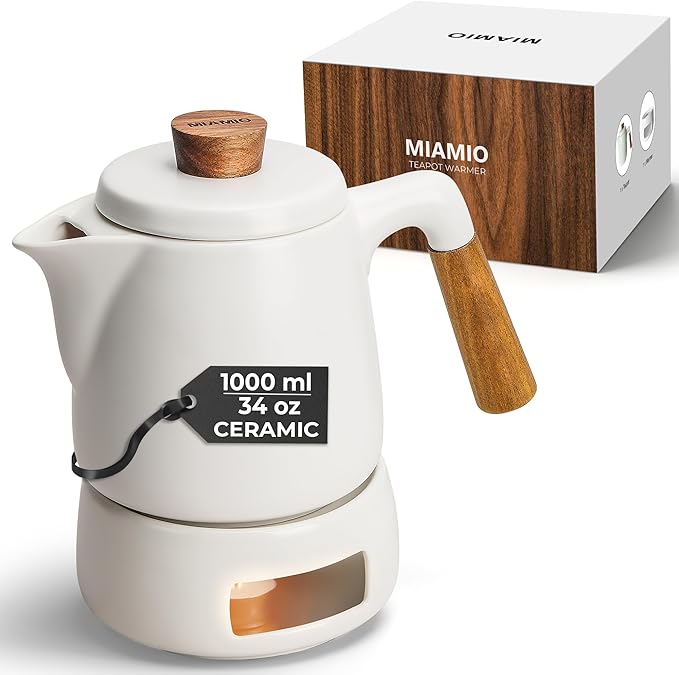 MIAMIO - Teapot Set with Warmer / 34 oz Tea Kettle with Infuser for Steeping Loose Tea Leaves - Gift for Women/Tea Lovers (White) - Bloomnest