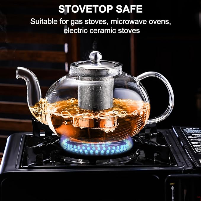PARACITY Glass Teapot Stovetop 40 OZ/1200ml, Borosilicate Clear Tea Kettle with Removable 18/8 Stainless Steel Infuser, Teapot Blooming and Loose Leaf Tea Maker Tea Brewer for Camping, Travel