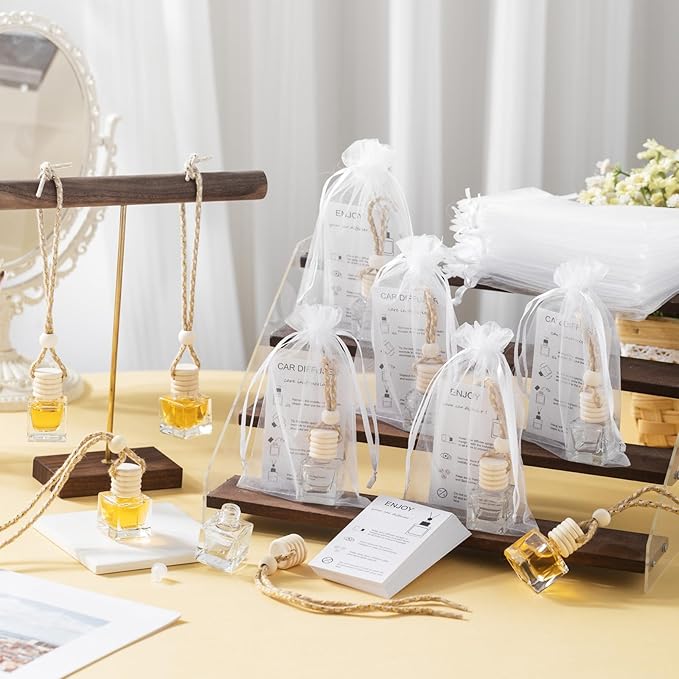 Boao 25 Sets Hanging Car Air Freshener Diffuser Bottles Empty Bulk with Car Diffuser Instruction Cards Organza Bags Glass Refillable Essential Oil Fragrance Aromatherapy Pendant (Cube, Clear) - Bloomnest