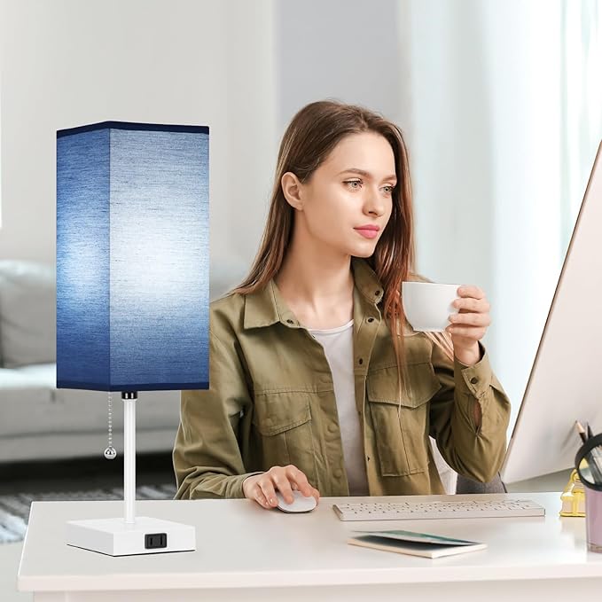 18'' Table Lamp for Bedroom set of 2,3-Color Bedside Lamps with Pull Chain Table Lamps for Night stands ,Small Night Light Lamps with 2 Bulbs Lamps for Living Room Kids Room Office Decor（Blue+White） - Bloomnest