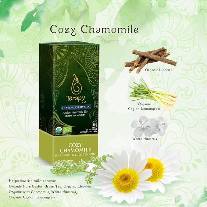 Térapy Ceylon CHAMOMILE TEA | USDA Organic Herbal Tea Bags | 100% Natural Ayurvedic Ingredients including Organic Chamomile, Ashwagandha, Cinnamon & Licorice| 20 Individually Wrapped Tea Bags - Bloomnest