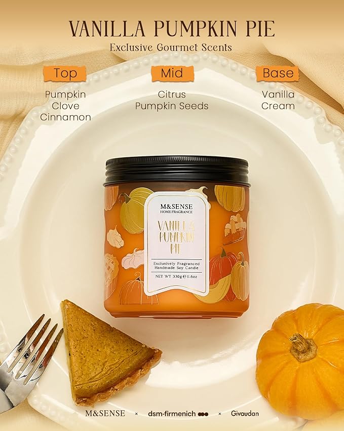 M&SENSE Fall Candles Vanilla Pumpkin Pie Scented, 11.6oz Natural Soy Wax Non Toxic, Double Wick 70 Hours Clean Burn, Warm Spiced Autumn Scent, Seasonal Gifts Home Decor - Bloomnest