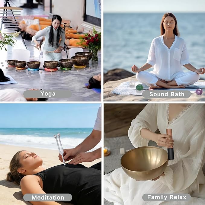 18 Pcs Singing Bowl Cushion Set for 6-12" Tibetan Singing Bowls, 7 Rainbow Silk Round Cushion, WoodMallet,128Hz Tuning Fork Kit, 7 Chakra Stones - for Meditation Sound Healing and Crystal Sound Bowls MIAKEED