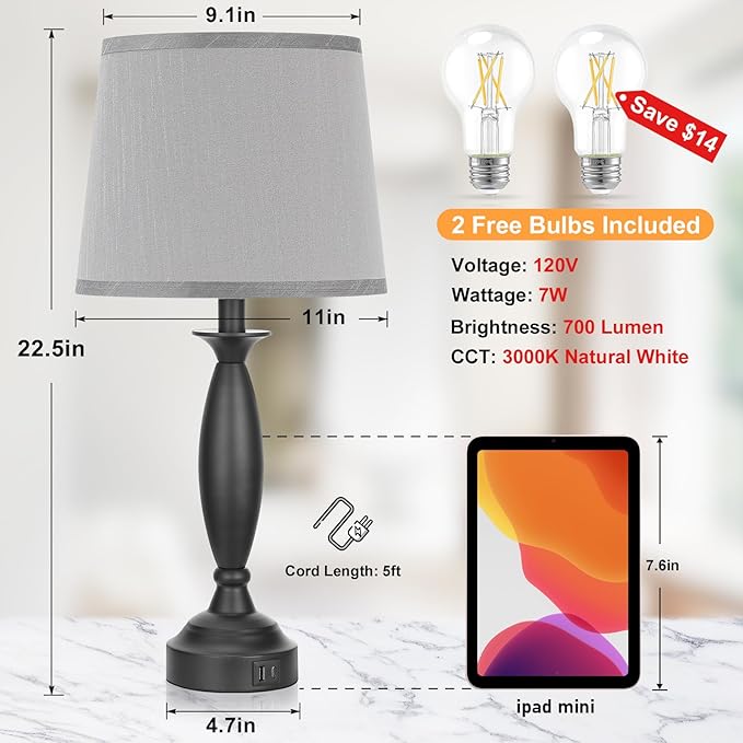 Grey Lamps for Bedrooms Set of 2 - Touch Control Bedside Lamp with USB C+A, 3 Way Dimmable Nightstand Lamps with USB Port, Table Lamp for Living Room(Grey Shade and Black Base) - Bloomnest