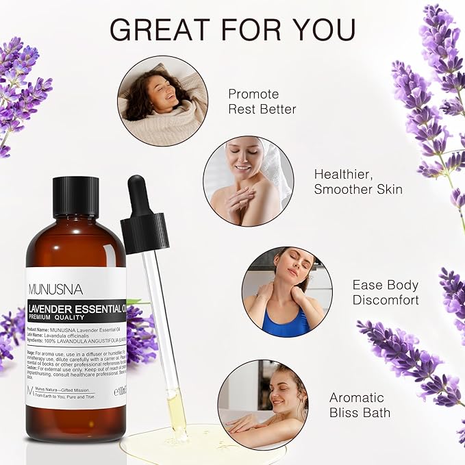 Lavender Essential Oil, Pure & Natural Lavender Oil 100ML, Premium Grade Essential Oils for Hair, Body, Skin, Aromatherapy Diffuser, Meditation, Massage, Home, Candle, Soap, Bath Bombs Making - Bloomnest