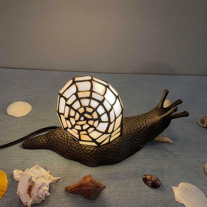 Bieye L10988 Land Snail Tiffany Style Stained Glass Accent Table Lamp for Home Decoration (White, 10" D x 5" W x 5" H) - Bloomnest