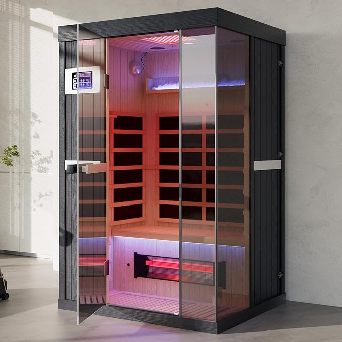2-Person FAR Infrared Sauna for Home & Gym, Himalayan Salt Rocks Plus 12" * 12" Red Light Therapy & 2 Speakers, 1990W Canadian Hemlock Wood Indoor Dry Spa DAIMOT