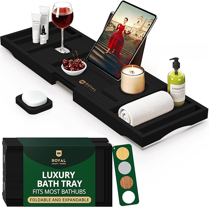 ROYAL CRAFT WOOD Premium Foldable Bathtub Tray - Wood Bath Tray for Tub, Bamboo Shelf, Expandable Bath Table Trays, Bathtub & Bathroom Accessories for New Home & Mothers Day & Birthday Gifts for Mom - Bloomnest