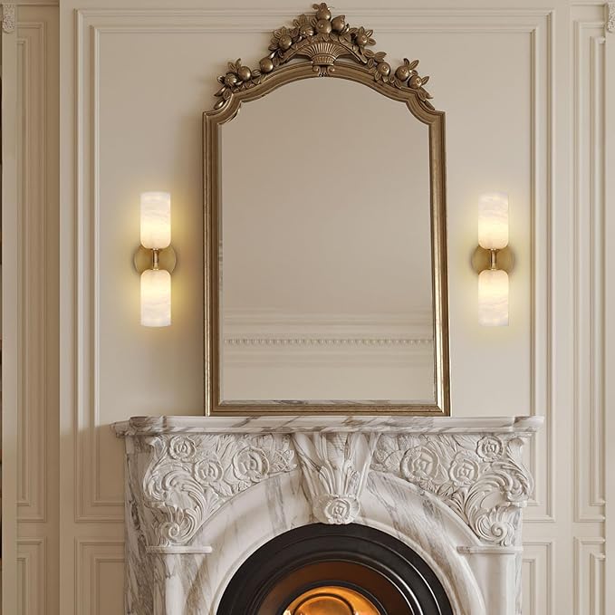 Alabaster Wall Sconces Set of Two, 14in Modern Spanish Natural Marble Bathroom Vanity Sconces, Brass Alabaster Sconce Wall Lighting, Gold Wall Light Fixtures Decor for Bedroom Living Room Staircases - Bloomnest