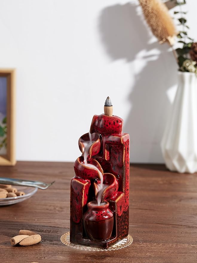 Unique Cascading Basins Ceramic Waterfall Incense Holder, Paired with a Pack of Backflow Incense Cones. (Fambe Red) - Bloomnest