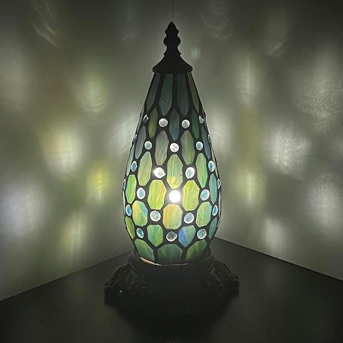 Small Tiffany Lamp Stained Glass Table Lamp 5.5X11 Inch Christmas Tree Lighthouse Mini Accent Memory Sympathy Antique Night Light for Bedroom Living Room (Blue Pearl)
