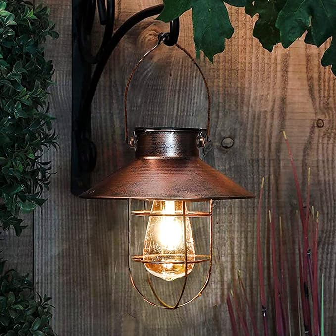 pearlstar Solar Lantern Outdoor Hanging Light Metal Farmhouse Solar Lamp with Warm White Edison Bulb Design for Garden Yard Patio Porch Decor (Brushed Copper) - Bloomnest
