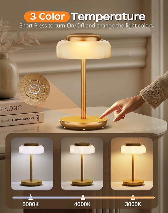 QiMH Battery Operated LED Table Lamp, 5000mAh Rechargeable Cordless Lamp, Stepless Dimmable Touch Control, Small Waterproof Desk Night Light for Living Room, Bedroom, Outdoor Bar (Gold) - Bloomnest