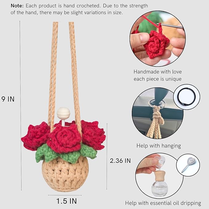 Handmade Crochet Hanging Car Air Freshener - Romantic Red Rose Design, 12ml Refillable Thick Glass Bottle, Car Diffuser for Rearview Mirror, Home & Office Romantic Decor - Bloomnest