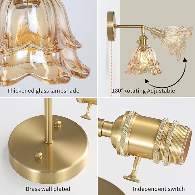 Vintage Plug in Wall Sconces Set of 2, Rose Amber Lampshade & 180 Degree Adjustable, Brass Wall Lights, for Bedroom Living Room Hallway Aisle, Bulbs Not Included, ETL Listed - Bloomnest