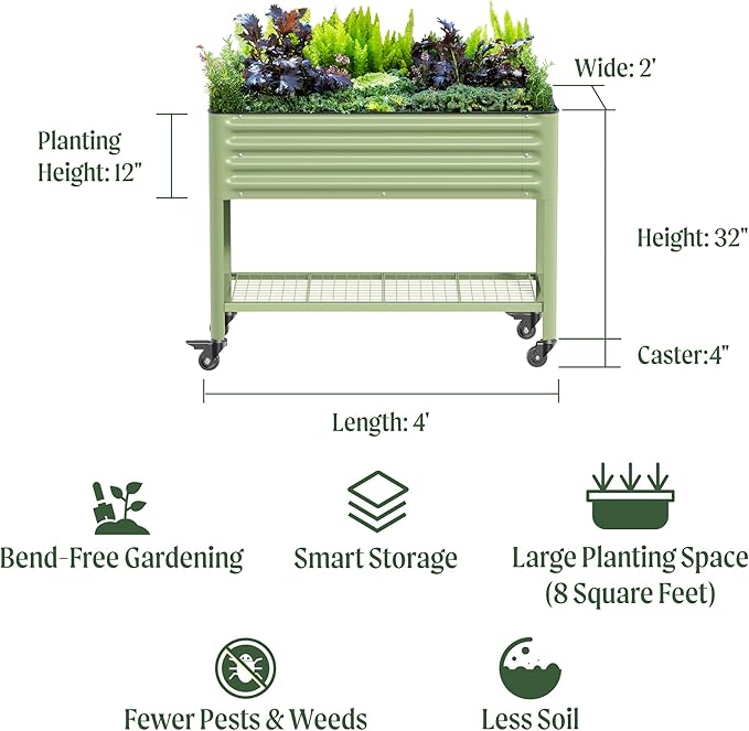 Rolling Elevated Raised Garden Bed-V Series, 2' x 4' Garden Beds with Legs & Storage Rack for Patio & Porch, 700 Lbs Weight Capacity, Outdoor Planter Box for Vegetables Flower Herbs, Olive Green - Bloomnest