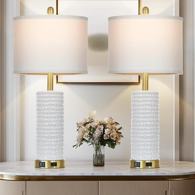 26" White Table Lamps for Living Room Set of 2, Ceramic Bedroom Lamps for Nightstands, Modern Bedside Lamps for Bedroom Living Room, Nightstand Lamps for End Table, Hallway, Gold and White - Bloomnest