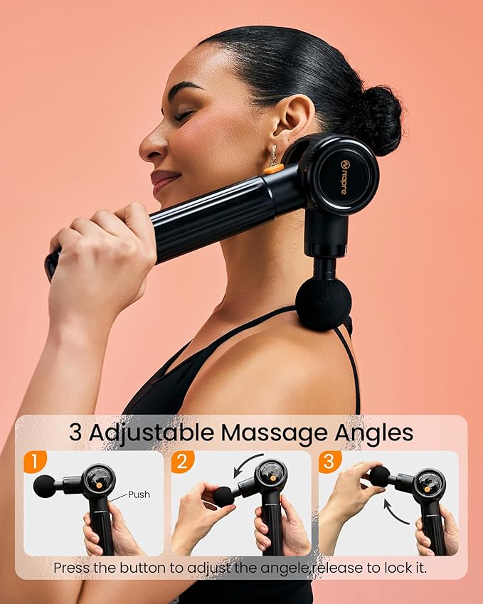 NAPRE Massage Gun with Extension Handle and 3 Adjustable Angles,Deep Tissue Back Massage for Neck/Shoulders/Waist/Legs/Body Pain Relief,Handheld Percussion Muscle Massager with Portable Case,Black - Bloomnest