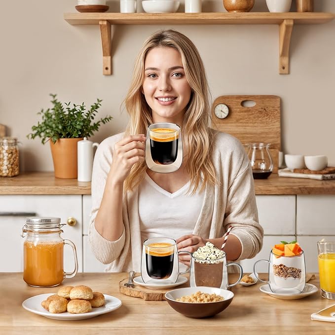 Glass Coffee Cups Set of 2, 13oz Double Walled Glass Mugs with Handles, Clear Insulated Coffee Mug Espresso Cups, Cappuccino Latte Tea Cups Set, Heat Resistant Borosilicate Clear Glasses - Bloomnest