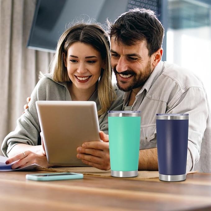 20 oz Tumbler with lid Double Wall Vacuum Insulated Tumblers Stainless Steel Coffee Mug Travel Coffee Tumbler Powder Coated Tumbler Cup Keep Hot&Cold - (Light Blue 12 Pack)