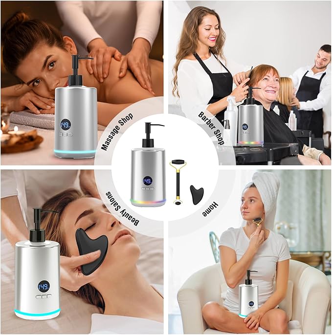 Massage Oil Lotion Warmer, Massage Oil Heater for SPA Massage Therapy and Personal Use, Portable Body Oil Warmer Dispenser with Two Massage Bottles, Adjustable Temperature(86-149°F), Silver - Bloomnest
