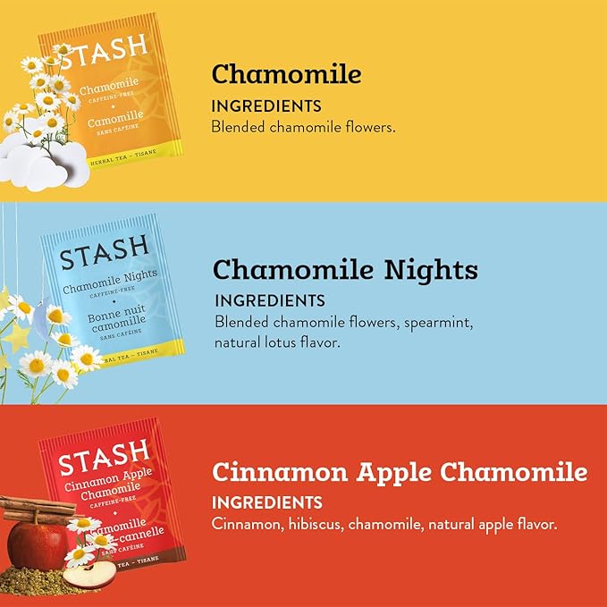 Stash Tea Sweet Dreams Chamomile Tea Sampler - Assortment of Non-Caffeinated Herbal Teas with No Artificial Ingredients, 18-20 Count (Pack of 3) - Bloomnest