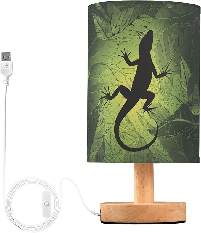 Table Lamp Chameleon Lizard Gecko Shape on Green Leaf Nightstand Lamp with Wood Base Fabric Lamp Shade Bedside Desk Lamp for Living Room Bedroom Kids Room Office - Bloomnest