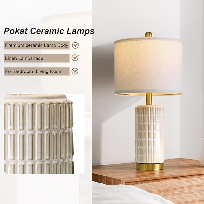 PoKat Small Bedside Table Lamps with USB Ports for Bedroom, 21.5'' White Nightstand Lamps for Night Stands, Modern Ceramic Bedroom Lamps for Living Room End Table, White and Beige - Bloomnest