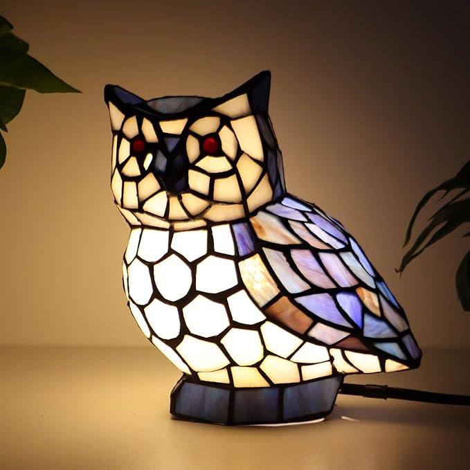 Tiffany Owl Lamp Blue and White Stained Glass Animal Table Lamp Accent Lamp - Bloomnest