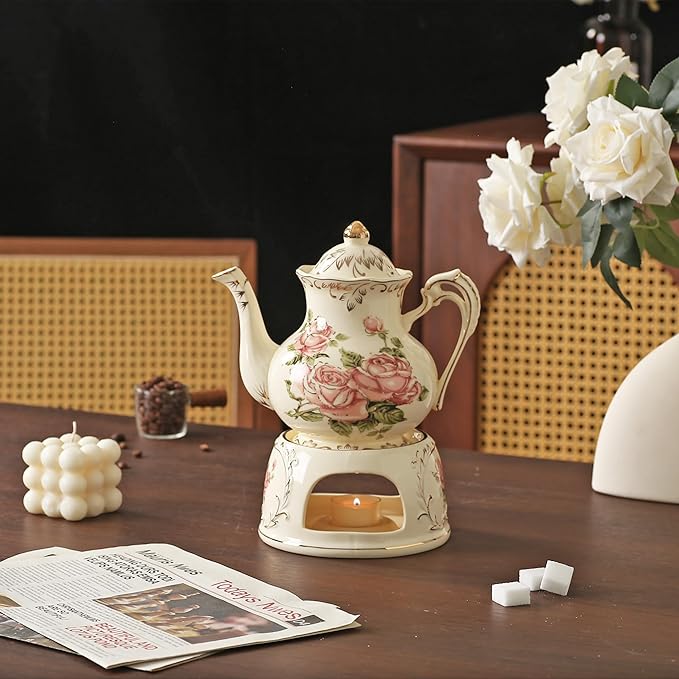 Vintage Ceramic Tea Pot, Heatable with Warmer, Decor for Party, Camping or Wedding, 25 oz/ 2 Cup, White with Pink Roses & Gold Trim - Bloomnest